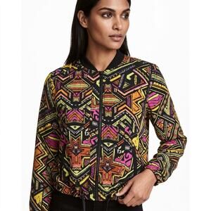 H&M Coachella Multicolor Graphic Print Bomber Jacket Women Size 4